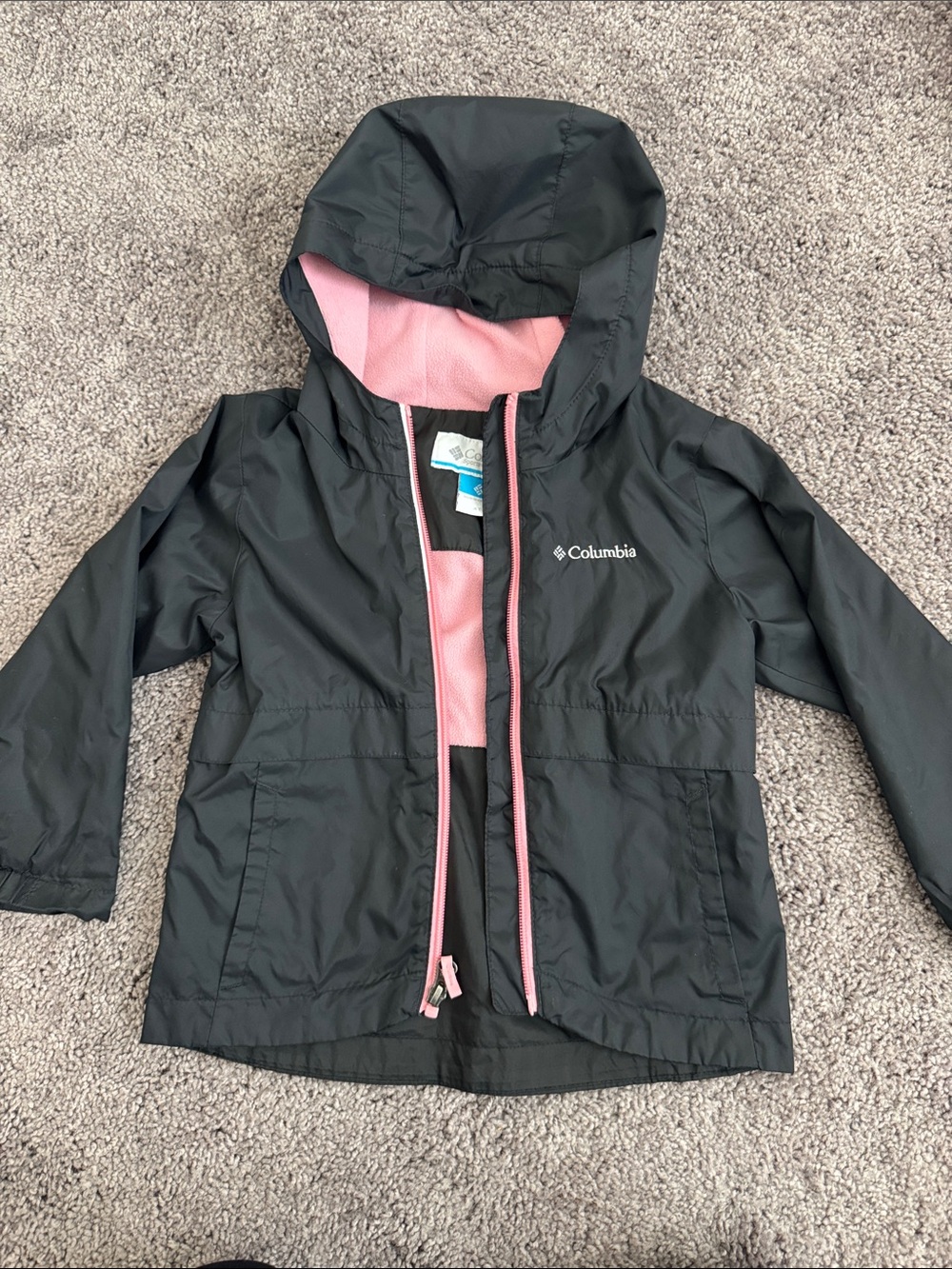 Columbia Kids Black Rain Jacket with Pink Lining